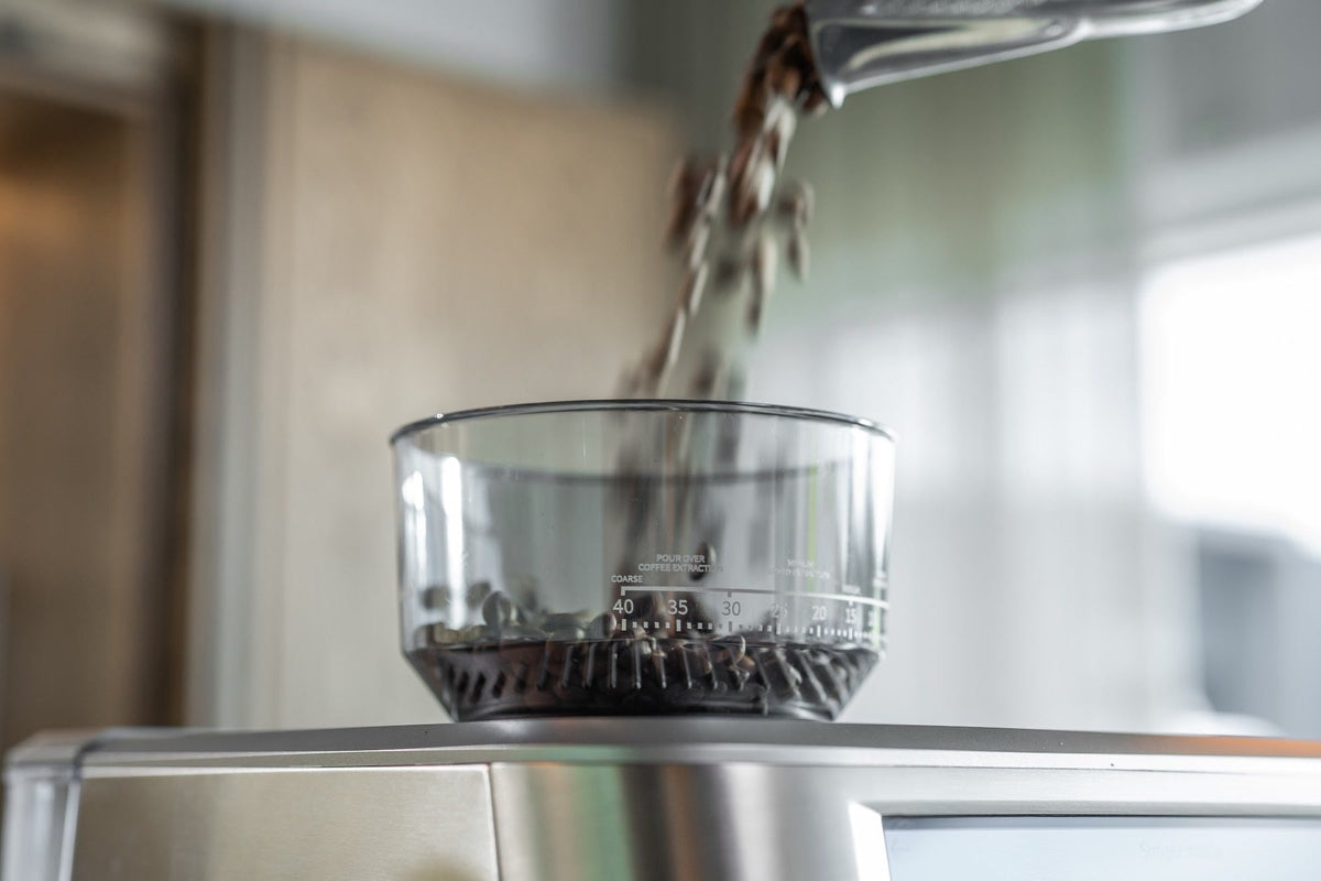 Hela kaffebönor hälls i bönbehållaren på en espressomaskin